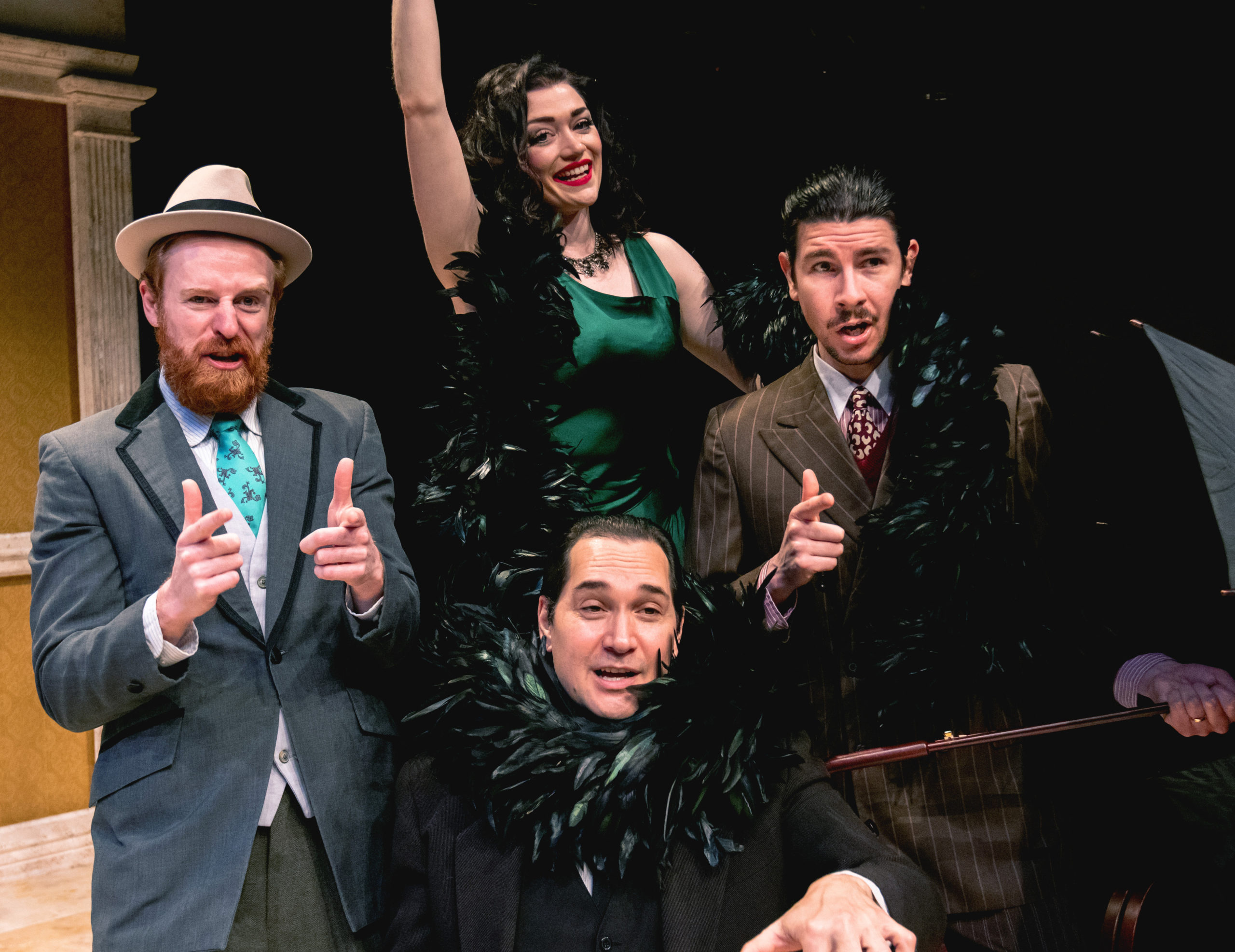 Clockwise from left: Calder Shilling, Claire Marx, Miguel Castellano, and Richard Nguyen Sloniker in Jeeves Takes a Bow at Taproot Theatre. Photo by Giao Nguyen.