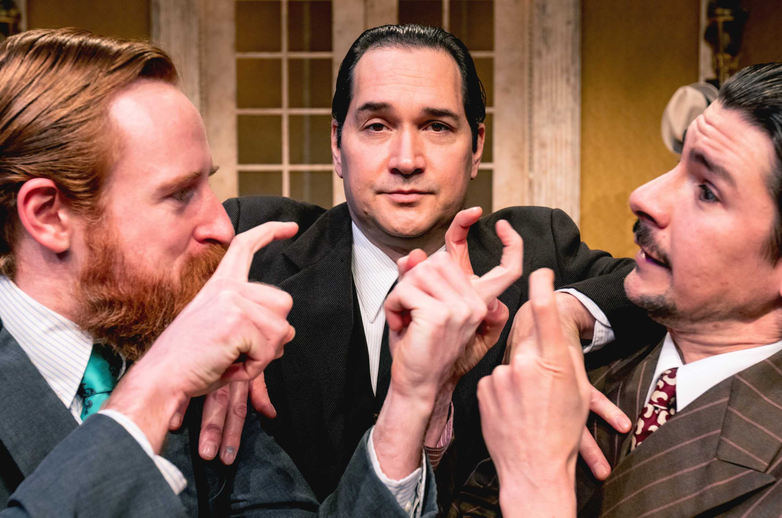 Left to right: Calder Shilling, Richard Nguyen Sloniker, and Miguel Castellano in Jeeves Takes a Bow at Taproot Theatre. Photo by Giao Nguyen.