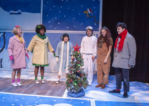 Sarah Diener, Maya Burton, Arika Matoba, Coulson Bingham, Julee Felts and Brad Walker in A Charlie Brown Christmas at Taproot Theatre. Photo by Erik Stuhaug.