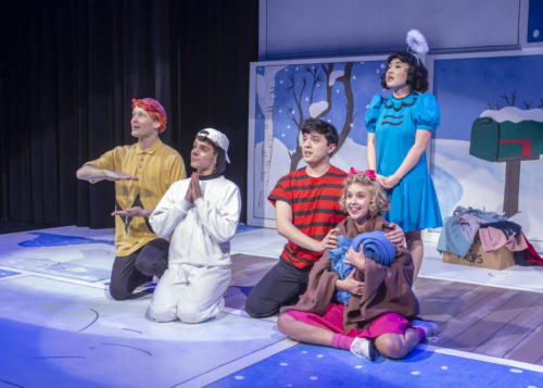 Ben Wippel, Coulson Bingham, Brad Walker, Sarah Diener and Arika Matoba in A Charlie Brown Christmas at Taproot Theatre. Photo by Erik Stuhaug.