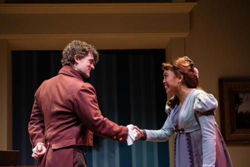 Jeremy Steckler and Ays Garcia in Georgiana and Kitty: Christmas at Pemberley by Lauren Gunderson and Margot Melcon. Photo by Robert Wade Photography.