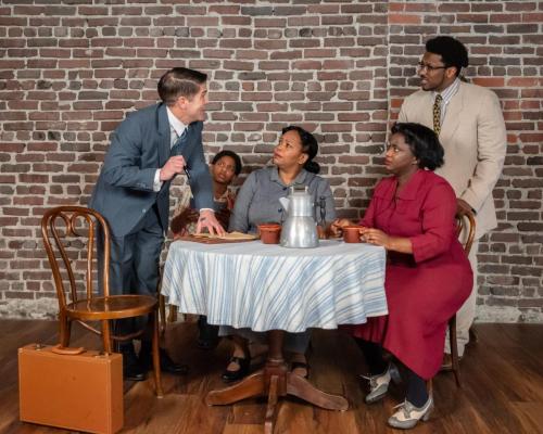 Tim Gouran, Ajani Dickerson, Marlette Buchanan, Deja Culver, and Arlando Smith in A Raisin in the Sun at Taproot Theatre. Photo by Robert Wade.