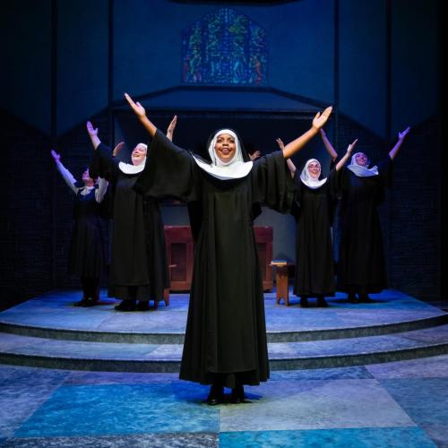 Alexandria J. Henderson in Sister Act at Taproot Theatre, with Rebecca Cort, Hannah Schuerman, Cherisse Martinelli, and Anna Briggs. Photo by Robert Wade.