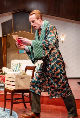 Calder Jameson Shilling as Bertie Wooster in Happy Christmas, Jeeves at Taproot Theatre. Photo by Robert Wade.