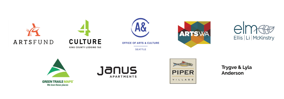 Card with logos: Arts Fund, 4 Culture, Seattle Office of Arts and Culture, Arts Wa, Ellis Li McKinstry, Green Trails Maps, Janus Apartments, Piper Village, and Trygve and Lyla Anderson.